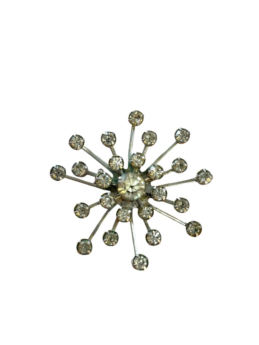 Vintage Mid Century Modern Atomic Starburst Rhinestone Brooch Silver Sputnik